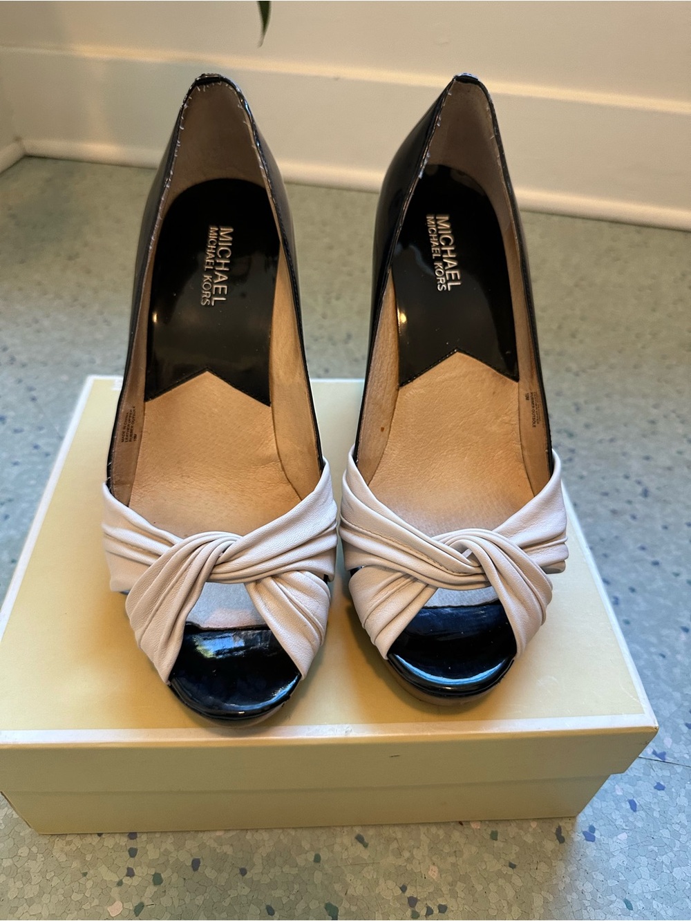 Michael Kors Gaby Pump - Two-tone Black Patent with White Leather Knot Peep-Toe